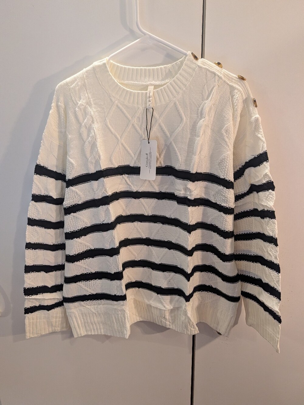 Glamaker Woman's Large White Cable Knit Sweater with Black Stripes NWT